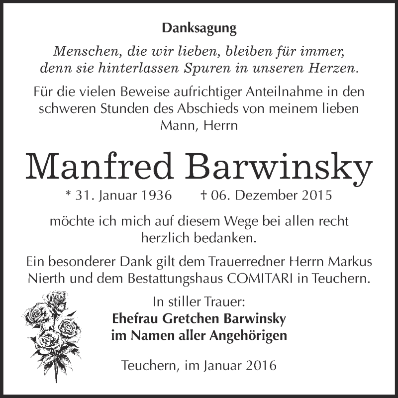  Traueranzeige für Manfred Barwinsky vom 06.01.2016 aus WVG - Wochenspiegel NMB / WSF / ZTZ