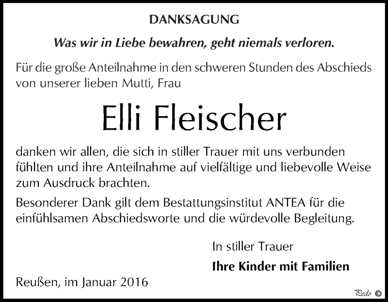  Traueranzeige für Elli Fleischer vom 13.01.2016 aus WVG - Wochenspiegel NMB / WSF / ZTZ