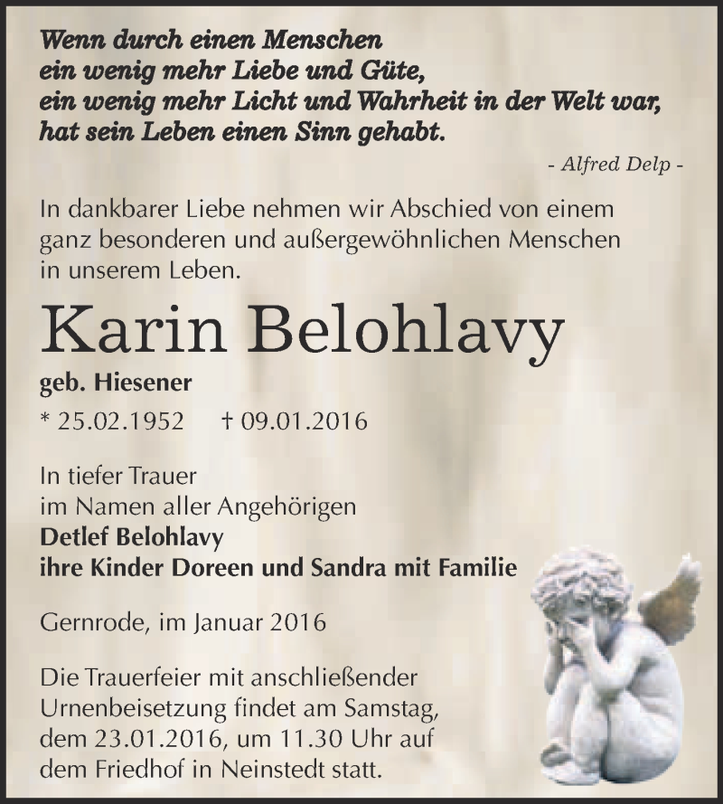  Traueranzeige für Karin Belohlavy vom 16.01.2016 aus WVG - Wochenspiegel Quedlinburg