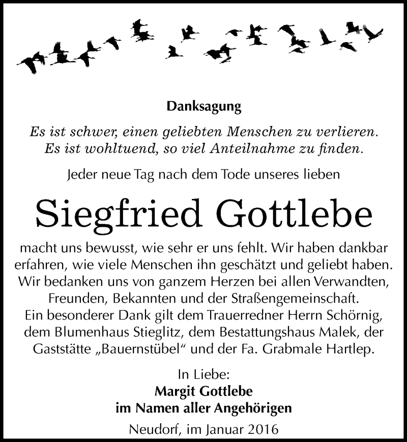  Traueranzeige für Siegfried Gottlebe vom 16.01.2016 aus Mitteldeutsche Zeitung Quedlinburg