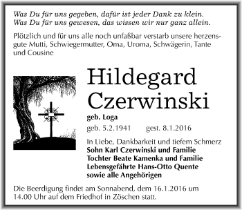 Traueranzeige von Hildegard Czerwinski von Mitteldeutsche Zeitung Merseburg/Querfurt