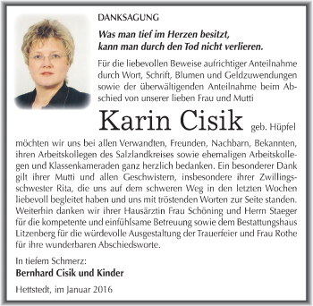 Traueranzeige von Karin Cisik von Mitteldeutsche Zeitung Mansfelder Land