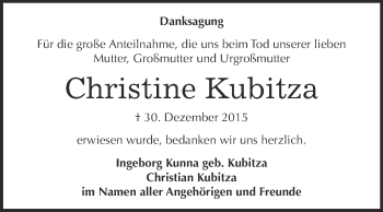 Traueranzeige von Christine Kubitza von Super Sonntag Wittenberg