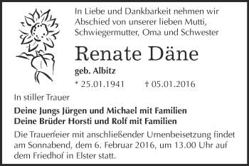 Traueranzeige von Renate Däne von WVG - Wochenspiegel Wittenberg