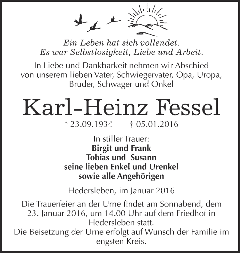  Traueranzeige für Karl-Heinz Fessel vom 13.01.2016 aus WVG - Wochenspiegel Quedlinburg