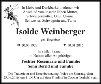 Traueranzeige von Isolde Weinberger von WVG - Wochenspiegel Dessau / Köthen