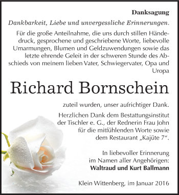 Traueranzeige von Richard Bornschein von Mitteldeutsche Zeitung Wittenberg