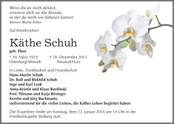 Traueranzeige von Käthe Schuh von Mitteldeutsche Zeitung Quedlinburg