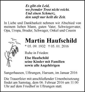 Traueranzeige von Martin Haufschild von Mitteldeutsche Zeitung Sangerhausen