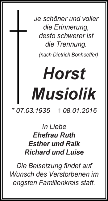 Traueranzeige von Horst Musiolik von WVG - Wochenspiegel Dessau / Köthen