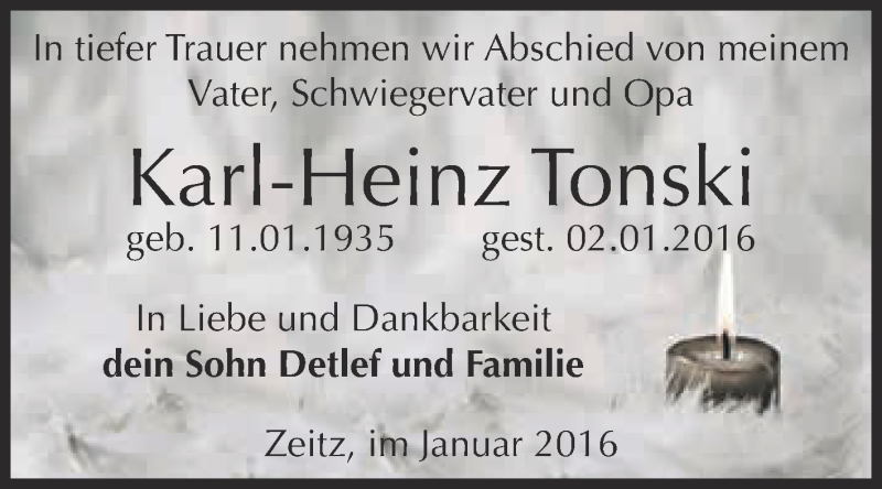  Traueranzeige für Karl-Heinz Tonski vom 09.01.2016 aus Super Sonntag Zeitz