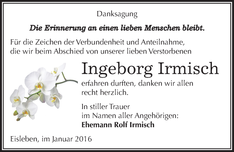  Traueranzeige für Ingeborg Irmisch vom 09.01.2016 aus Mitteldeutsche Zeitung Mansfelder Land