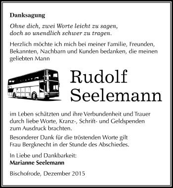 Traueranzeige von Rudolf Seelemann von Mitteldeutsche Zeitung Mansfelder Land