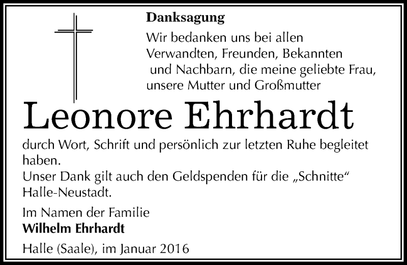  Traueranzeige für Leonore Ehrhardt vom 16.01.2016 aus Mitteldeutsche Zeitung Halle/Saalkreis