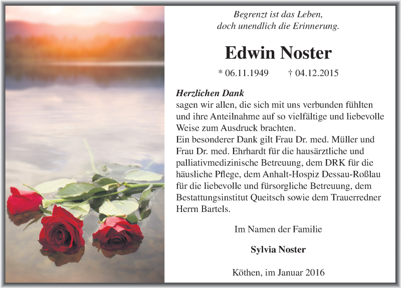  Traueranzeige für Edwin Noster vom 09.01.2016 aus Mitteldeutsche Zeitung Köthen