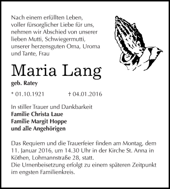 Traueranzeige von Maria Lang von WVG - Wochenspiegel Dessau / Köthen