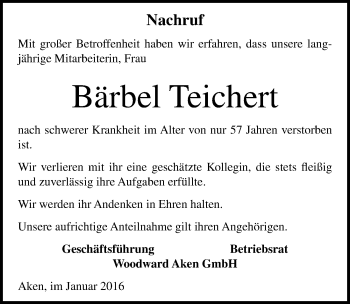Traueranzeige von Bärbel Teichert von Mitteldeutsche Zeitung Köthen
