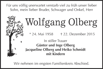 Traueranzeige von Wolfgang Olberg von WVG - Wochenspiegel NMB / WSF / ZTZ
