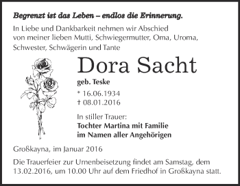 Traueranzeige von Dora Sacht von Super Sonntag Merseburg