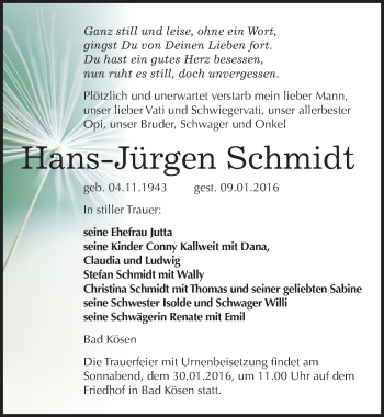 Traueranzeige von Hans-Jürgen Schmidt von Mitteldeutsche Zeitung Naumburg/Nebra