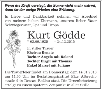 Traueranzeige von Kurt Gödde von WVG - Wochenspiegel Dessau / Köthen