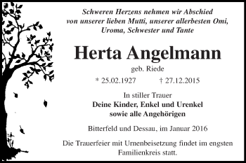 Traueranzeige von Herta Angelmann von Super Sonntag Dessau / Köthen