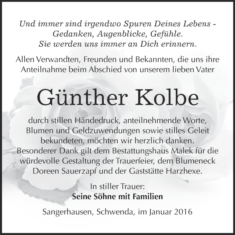  Traueranzeige für Günther Kolbe vom 16.01.2016 aus WVG - Wochenspiegel Quedlinburg