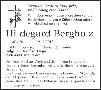 Traueranzeige von Hildegard Bergholz von WVG - Wochenspiegel Wittenberg