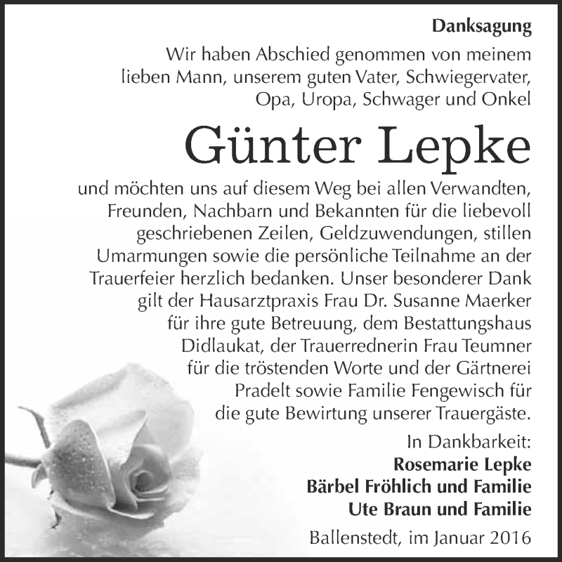  Traueranzeige für Günter Lepke vom 16.01.2016 aus WVG - Wochenspiegel Quedlinburg