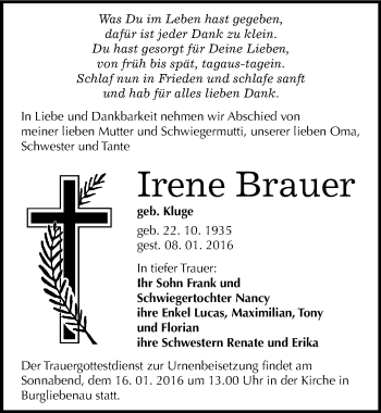 Traueranzeige von Irene Brauer von Mitteldeutsche Zeitung Merseburg/Querfurt