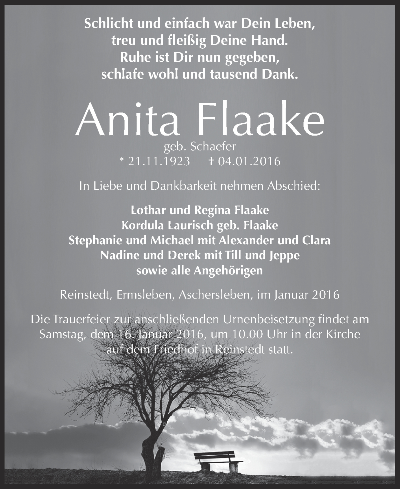  Traueranzeige für Anita Flaake vom 09.01.2016 aus Super Sonntag Aschersleben