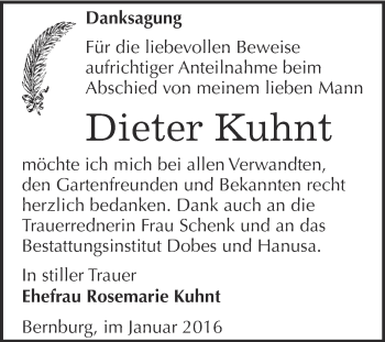 Traueranzeige von Dieter Kuhnt von Super Sonntag Bernburg