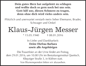 Traueranzeige von Klaus-Jürgen Messer von WVG - Wochenspiegel Dessau / Köthen
