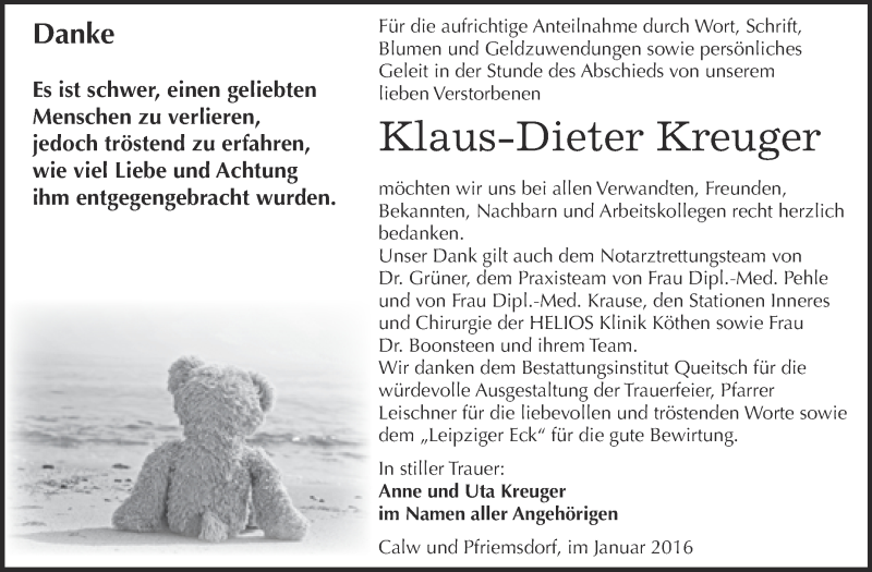  Traueranzeige für Klaus-Dieter Kreuger vom 16.01.2016 aus WVG - Wochenspiegel Dessau / Köthen