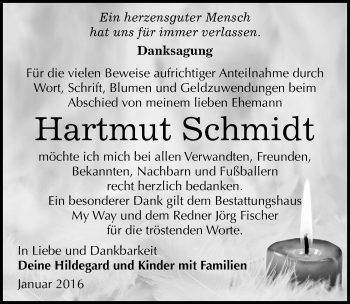Traueranzeige von Hartmut Schmidt von Mitteldeutsche Zeitung Weißenfels