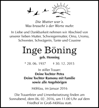 Traueranzeige von Inge Böning von Mitteldeutsche Zeitung Wittenberg