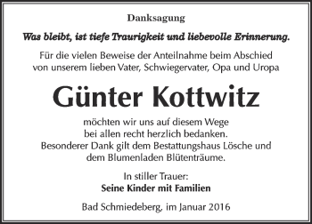 Traueranzeige von Günter Kottwitz von WVG - Wochenspiegel Wittenberg