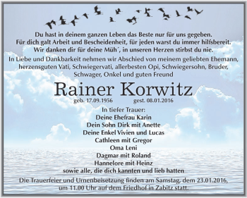 Traueranzeige von Rainer Korwitz von WVG - Wochenspiegel Dessau / Köthen