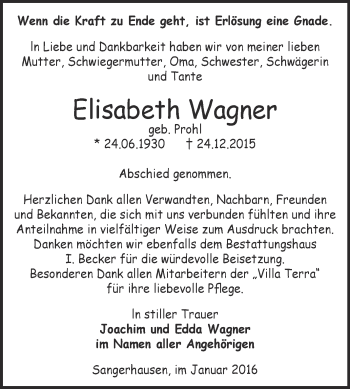 Traueranzeige von Elisabeth Wagner von Super Sonntag SGH Mansf. Land