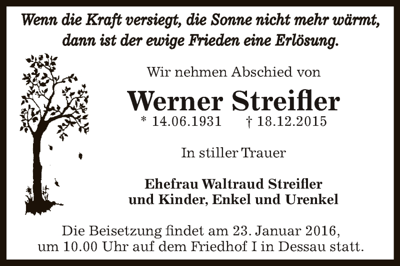  Traueranzeige für Werner Streifler vom 09.01.2016 aus WVG - Wochenspiegel Dessau / Köthen
