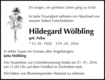 Traueranzeige von Hildegard Wölbling von Mitteldeutsche Zeitung Halle/Saalkreis