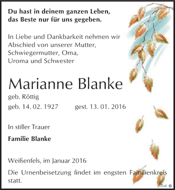Traueranzeige von Maianne Blanke von Mitteldeutsche Zeitung Weißenfels