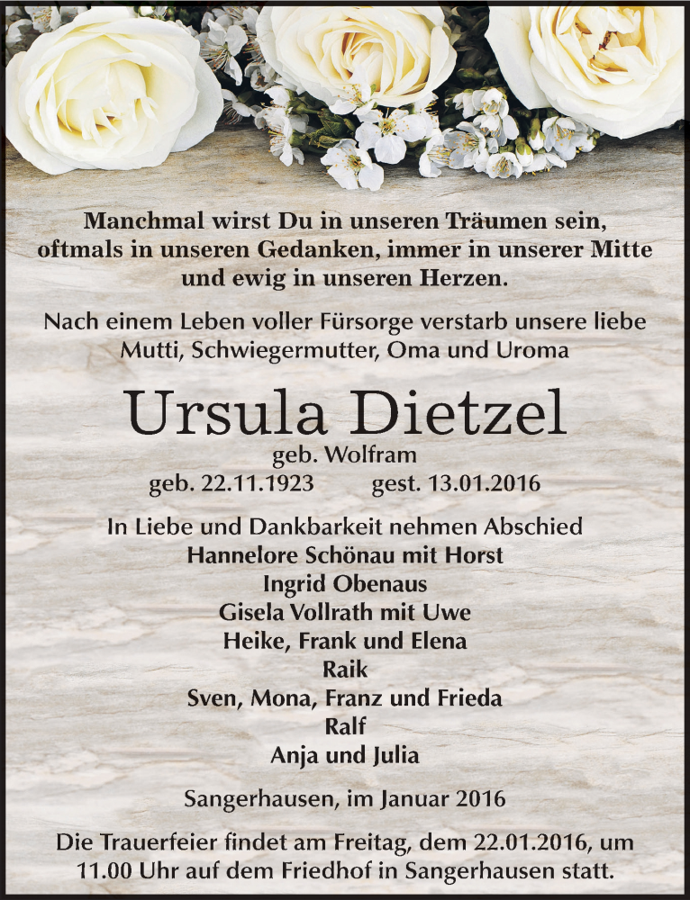 Traueranzeige für Ursula Dietzel vom 16.01.2016 aus Mitteldeutsche Zeitung Sangerhausen