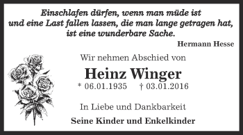 Traueranzeige von Heinz Winger von WVG - Wochenspiegel Dessau / Köthen