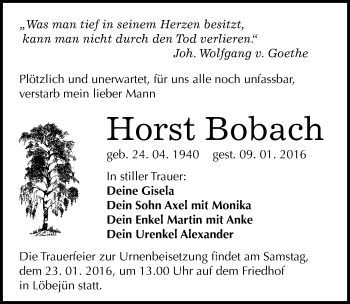 Traueranzeige von Horst Bobach von Mitteldeutsche Zeitung Halle/Saalkreis