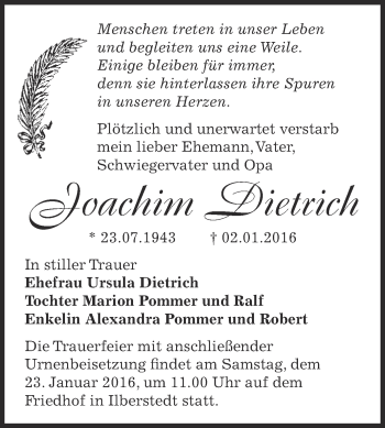 Traueranzeige von Joachim Dietrich von Super Sonntag Bernburg