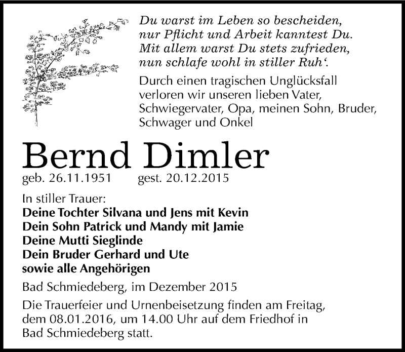  Traueranzeige für Bernd Dimler vom 02.01.2016 aus Mitteldeutsche Zeitung Wittenberg