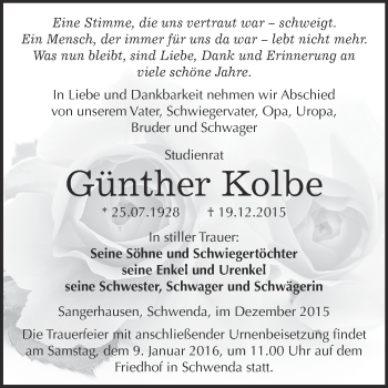 Traueranzeige von Günther Kolbe von WVG - Wochenspiegel Quedlinburg