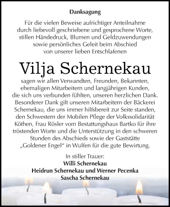 Traueranzeige von Vilja Schernekau von WVG - Wochenspiegel Dessau / Köthen