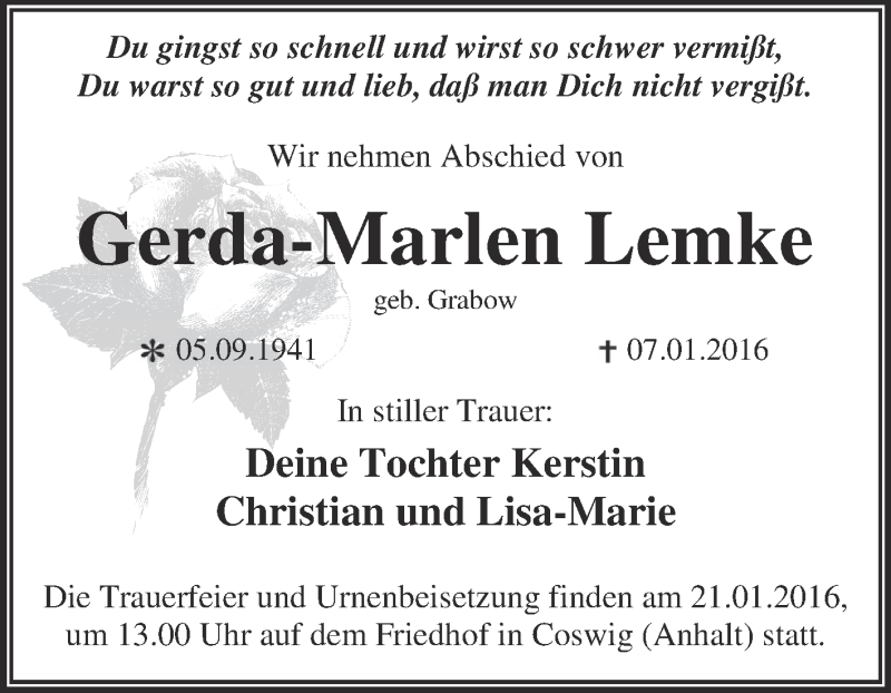  Traueranzeige für Gerda-Marlen Lemke vom 16.01.2016 aus WVG - Wochenspiegel Dessau / Köthen